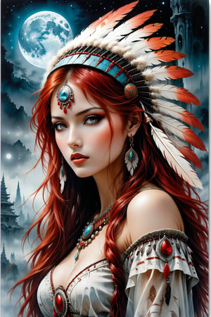 A beautiful red haired girl with a native American chief headdress. Luis Royo bookmark of surrealistic dreams, magic, watercolor, ink, acrylic, double exposure, futuristic, fantasy, great detail, mid-night, moon, fog, gothic gloom, art on a cracked paper, storybook detailed illustration, cinematic, ultra highly detailed, tiny details, beautiful details, mystical, luminism, vibrant colors