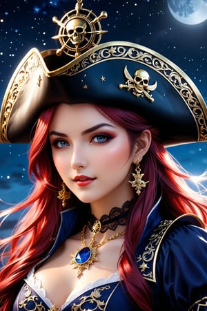 high quality, super realistic, pirate hat, a 20-year-old Pirate Maiden with a celestial beauty rivaling the stars, Picture her poised at the helm of a grand pirate ship, her silhouette defined against the shimmering night sky of a crimson moon, The vessel itself is a maritime masterpiece, adorned with intricate carvings, polished brass embellishments, and an array of mystical symbols, The Scarlet Moonlit Pirate dons a resplendent ensemble blending midnight blues with silvery hues, adorned with delicate lace and glistening gemstones, A star-like pendant gracefully hangs around her neck, emphasizing her bewitching aura, by yukisakura, high detailed,
