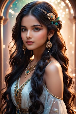 A breathtakingly beautiful 18-year-old girl named Anikha, who is the epitome of elegance and charm. She stands out as the central focus of this ultra-detailed, 8K resolution masterpiece with a perfect score of 9 and a UHD rating of 1.3. Her delicate facial features are captured with a stunning realism that's amplified by a majestic score of 1.5, making her appear as if she's stepped out of a high-definition dream. Her skin glows with a soft blush, perfectly accentuating her detailed, natural beauty. Her eyes, a rich brown, are filled with a blissful vibe, reflecting the cinematic lighting that surrounds her. They are so realistic and sharp that they seem to hold secrets of the universe within them. The exquisite twin braids of her long, shining hair are adorned with a hair ornament that adds an extra touch of elegance to her already flawless look. The background, a canvas of blurred perfection with a score of 1.7 for background blur, showcases an intricate peacock feather design that complements the overall aesthetic without overwhelming the main subject.