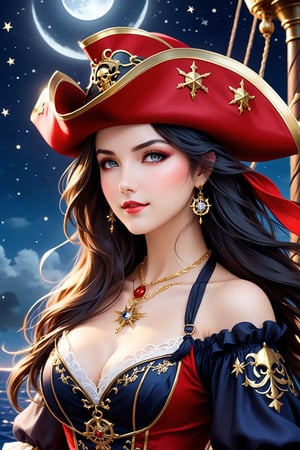 high quality, super realistic, pirate hat, a 20-year-old Pirate Maiden with a celestial beauty rivaling the stars, Picture her poised at the helm of a grand pirate ship, her silhouette defined against the shimmering night sky of a crimson moon, The vessel itself is a maritime masterpiece, adorned with intricate carvings, polished brass embellishments, and an array of mystical symbols, The Scarlet Moonlit Pirate dons a resplendent ensemble blending midnight blues with silvery hues, adorned with delicate lace and glistening gemstones, A star-like pendant gracefully hangs around her neck, emphasizing her bewitching aura, by yukisakura, high detailed,
