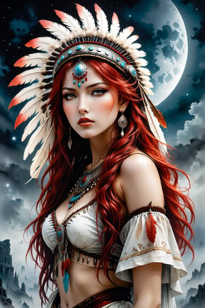 A beautiful red haired girl with a native American chief headdress. Luis Royo bookmark of surrealistic dreams, magic, watercolor, ink, acrylic, double exposure, futuristic, fantasy, great detail, mid-night, moon, fog, gothic gloom, art on a cracked paper, storybook detailed illustration, cinematic, ultra highly detailed, tiny details, beautiful details, mystical, luminism, vibrant colors