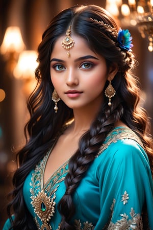 A breathtakingly beautiful 18-year-old girl named Anikha, who is the epitome of elegance and charm. She stands out as the central focus of this ultra-detailed, 8K resolution masterpiece with a perfect score of 9 and a UHD rating of 1.3. Her delicate facial features are captured with a stunning realism that's amplified by a majestic score of 1.5, making her appear as if she's stepped out of a high-definition dream. Her skin glows with a soft blush, perfectly accentuating her detailed, natural beauty. Her eyes, a rich brown, are filled with a blissful vibe, reflecting the cinematic lighting that surrounds her. They are so realistic and sharp that they seem to hold secrets of the universe within them. The exquisite twin braids of her long, shining hair are adorned with a hair ornament that adds an extra touch of elegance to her already flawless look. The background, a canvas of blurred perfection with a score of 1.7 for background blur, showcases an intricate peacock feather design that complements the overall aesthetic without overwhelming the main subject.