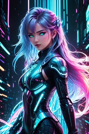 high quality, 8K Ultra HD, full body, have a cyber saber, a mesmerizing 20-year-old woman with a futuristic beauty that seems to transcend time and space, intricately woven into her very being, encased in the cybernetic suit, move with fluidity and precision, Her flowing hair resembles streams of neon lights, casting a vibrant glow that adds a touch of cyberpunk brilliance to her appearance, Each strand of hair is meticulously crafted with holographic patterns that shimmer and shift, creating an ever-changing display of colors, by yukisakura, highly detailed,

