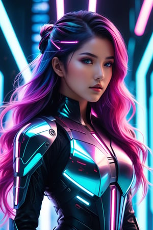 high quality, 8K Ultra HD, full body, have a cyber saber, a mesmerizing 20-year-old woman with a futuristic beauty that seems to transcend time and space, intricately woven into her very being, encased in the cybernetic suit, move with fluidity and precision, Her flowing hair resembles streams of neon lights, casting a vibrant glow that adds a touch of cyberpunk brilliance to her appearance, Each strand of hair is meticulously crafted with holographic patterns that shimmer and shift, creating an ever-changing display of colors, by yukisakura, highly detailed,


