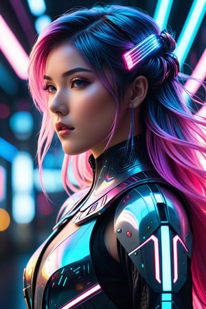 high quality, 8K Ultra HD, full body, have a cyber saber, a mesmerizing 20-year-old woman with a futuristic beauty that seems to transcend time and space, intricately woven into her very being, encased in the cybernetic suit, move with fluidity and precision, Her flowing hair resembles streams of neon lights, casting a vibrant glow that adds a touch of cyberpunk brilliance to her appearance, Each strand of hair is meticulously crafted with holographic patterns that shimmer and shift, creating an ever-changing display of colors, by yukisakura, highly detailed,

