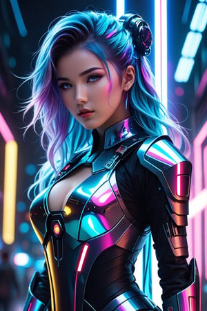 high quality, 8K Ultra HD, full body, have a cyber saber, a mesmerizing 20-year-old woman with a futuristic beauty that seems to transcend time and space, intricately woven into her very being, encased in the cybernetic suit, move with fluidity and precision, Her flowing hair resembles streams of neon lights, casting a vibrant glow that adds a touch of cyberpunk brilliance to her appearance, Each strand of hair is meticulously crafted with holographic patterns that shimmer and shift, creating an ever-changing display of colors, by yukisakura, highly detailed,

