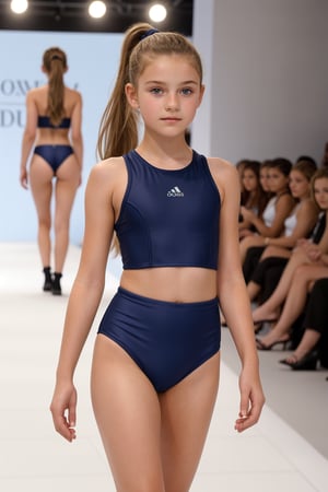 A beautiful (13_year_old:1.2) English girl with a beautiful face. She is walking down the catwalk at a fashion show. She is wearing a trendy two-piece school swimsuit. Her hair is in a ponytail.