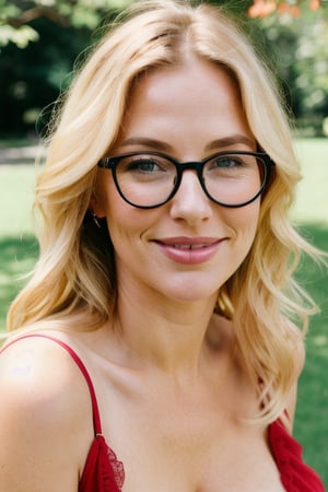 beautiful lady, 37 year old woman, small boobs, perfect boobs, freckles, blonde hair, seduced smile, dark makeup, hyperdetailed photography, soft light, full_body, wearing red blouse exposing boobs, park, eye_glasses, mouth_open, 