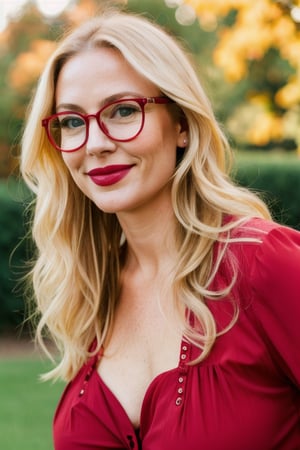 beautiful lady, 37 year old woman, small boobs, perfect boobs, freckles, blonde hair, seduced smile, dark makeup, hyperdetailed photography, soft light, full_body, wearing red blouse exposing boobs, park, eye_glasses, mouth_open, 
