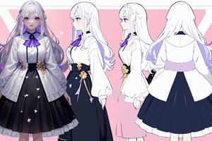 ((magical girl, white hair, purple eyes, doll dress, short dress, long hair, pale skin, soft skin, colorful snow background, rainbow dress, white dress, hearts, snow, snowing, ice, pastel, sun)), (masterpiece, best quality:1.2), fluffy, soft, light, bright, sparkles, twinkle, slightly downcast eyes, cute, pink, purple, (crystals), masterpiece, best quality, extremely detailed, Female profile, Delicate features, High resolution,((((chara-sheet))),chara-sheet