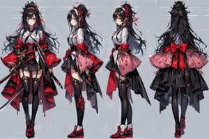 ((1 magical girl, rainbow, an anime character holding a sword up high and wearing a long skirt, 1girl, kawaii,weapon,black hair, solo,deep scarlett eyes, ponytail, long hair,(red ribbon), (katana), ((holding handle of katana)), japanese armor, hakama, holding weapon, leg armor, holding katana, looking at viewer,(hairband with metal-plate),watercolor medium,kawaiitech,girl, (((((chara-sheet))))),chara-sheet,More Detail