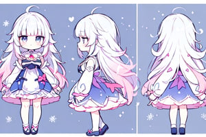 ((magical girl,  white hair,  rainbow eyes,  doll dress,  short dress,  long hair,  small breasts,  pale skin,  soft skin,  colorful snow background,  rainbow,  hearts,  snow,  snowing,  ice,  pastel,  sun)),  (masterpiece,  best quality:1.2),  fluffy,  soft,  light,  bright,  sparkles,  twinkle,  slightly downcast eyes,  cute,  pink,  purple,  crystals,,,,kawaiitech, ((((character sheet)))),, ((((small legs, chibi legs, short legs)))),,(((Kanna Kamui))),loli