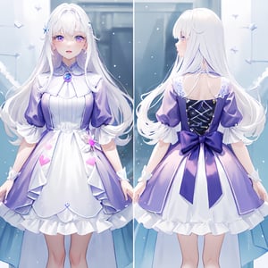 ((magical girl, white hair, purple eyes, doll dress, short dress, long hair, pale skin, soft skin, colorful snow background, rainbow dress, white dress, hearts, snow, snowing, ice, pastel, sun)), (masterpiece, best quality:1.2), fluffy, soft, light, bright, sparkles, twinkle, slightly downcast eyes, cute, pink, purple, (crystals), masterpiece, best quality, extremely detailed, Female profile, Delicate features, High resolution,((((chara-sheet)))