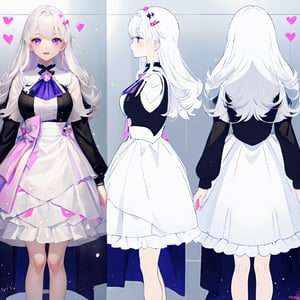 ((magical girl, white hair, purple eyes, doll dress, short dress, long hair, pale skin, soft skin, colorful snow background, rainbow dress, white dress, hearts, snow, snowing, ice, pastel, sun)), (masterpiece, best quality:1.2), fluffy, soft, light, bright, sparkles, twinkle, slightly downcast eyes, cute, pink, purple, (crystals), masterpiece, best quality, extremely detailed, Female profile, Delicate features, High resolution,((((chara-sheet))),chara-sheet