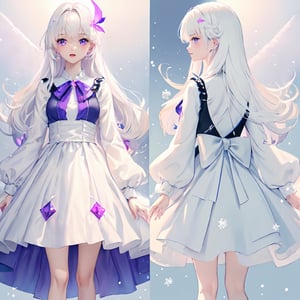 ((magical girl, white hair, purple eyes, doll dress, short dress, long hair, pale skin, soft skin, colorful snow background, rainbow dress, white dress, hearts, snow, snowing, ice, pastel, sun)), (masterpiece, best quality:1.2), fluffy, soft, light, bright, sparkles, twinkle, slightly downcast eyes, cute, pink, purple, (crystals), masterpiece, best quality, extremely detailed, Female profile, Delicate features, High resolution,((((chara-sheet)))