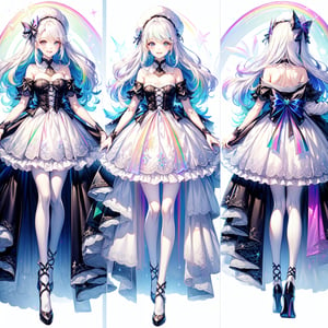 (((((white theme))))), unique and beautiful, attractive, dress, clothes, ((((chara-sheet)))), (((1 girl with white hair sparkle white (((rainbow))) throughout randomly, white rainbow eyes, long hair, wavy hair, small breasts), smiling, happy, long dress, white, cute, cute fluffy hat, doll dress, hands in chest, winter, snowing, fullbody))), (((chibi, small, cute , short, petit))), , (full body, ((((Character design, concept art, ((front view)), side view)))), crisp, quality, hdr, ((1girl, lolita)), cute, lolita, (Masterpiece, Best Quality:1.3), (2d:1.3), top quality, 8k, ultra-detailed full body portrait, 8k