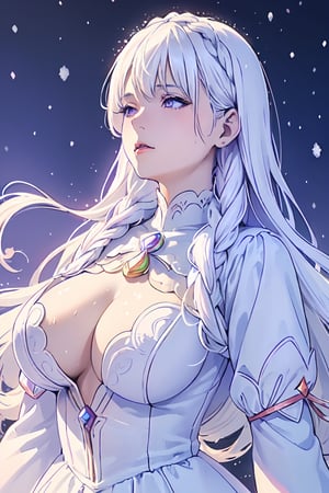 ((magical girl, white hair, purple eyes, doll dress, short dress, long hair, pale skin, soft skin, colorful snow background, rainbow dress, white dress, hearts, snow, snowing, ice, pastel, sun)), (masterpiece, best quality:1.2), fluffy, soft, light, bright, sparkles, twinkle, slightly downcast eyes, cute, pink, purple, (crystals), masterpiece, best quality, extremely detailed, Female profile, High resolution. ((((mature face , D cup breast, mature)))),mature female