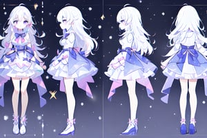 ((magical girl, white hair, purple eyes, doll dress, short dress, long hair, pale skin, soft skin, colorful snow background, rainbow dress, white dress, hearts, snow, snowing, ice, pastel, sun)), (masterpiece, best quality:1.2), fluffy, soft, light, bright, sparkles, twinkle, slightly downcast eyes, cute, pink, purple, (crystals), masterpiece, best quality, extremely detailed, Female profile, High resolution, ((((character sheet)))),loli, (((short legs))), (((((high details, 8k. 4k. full body)))))