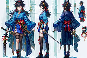 ((1 magical girl, rainbow, an anime character holding a sword up high and wearing a long skirt, 1girl, kawaii,weapon,black hair, solo,deep scarlett eyes, ponytail, long hair,(red ribbon), (katana), ((holding handle of katana)), japanese armor, hakama, holding weapon, leg armor, holding katana, looking at viewer,(hairband with metal-plate),watercolor medium,kawaiitech,girl, (((((chara-sheet))))),chara-sheet,More Detail
