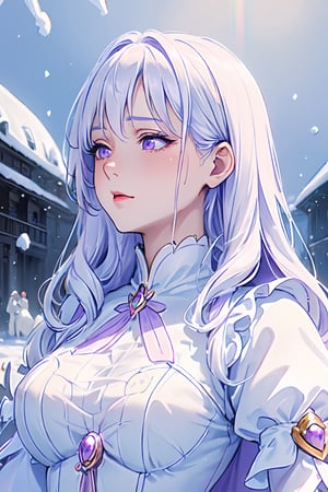 ((magical girl, white hair, purple eyes, doll dress, short dress, long hair, pale skin, soft skin, colorful snow background, rainbow dress, white dress, hearts, snow, snowing, ice, pastel, sun)), (masterpiece, best quality:1.2), fluffy, soft, light, bright, sparkles, twinkle, slightly downcast eyes, cute, pink, purple, (crystals), masterpiece, best quality, extremely detailed, Female profile, High resolution. ((((mature face , D cup breast, mature)))),mature female