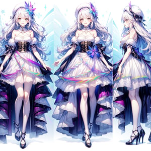 (((((white theme))))), unique and beautiful, attractive, dress, clothes, ((((chara-sheet)))), (((1 girl with white hair sparkle white (((rainbow))) throughout randomly, white rainbow eyes, long hair, wavy hair, small breasts), smiling, happy, long dress, white, cute, cute fluffy hat, doll dress, hands in chest, winter, snowing, fullbody))), (((chibi, small, cute , short, petit))), , (full body, ((((Character design, concept art, ((front view)), side view)))), crisp, quality, hdr, ((1girl, lolita)), cute, lolita, (Masterpiece, Best Quality:1.3), (2d:1.3), top quality, 8k, ultra-detailed full body portrait, 8k, (1 girl with white hair sparkle light rainbow throughout randomly, rainbow eyes, long hair, wavy hair, small breasts), smiling, happy, long dress, light, white, cute, cute fluffy hat, doll dress, hands in chest, winter, snowing, fullbody, chibi,