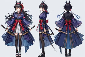 ((1 magical girl, rainbow, an anime character holding a sword up high and wearing a long skirt, 1girl, kawaii,weapon,black hair, solo,deep scarlett eyes, ponytail, long hair,(red ribbon), (katana), ((holding handle of katana)), japanese armor, hakama, holding weapon, leg armor, holding katana, looking at viewer,(hairband with metal-plate),watercolor medium,kawaiitech,girl, (((((chara-sheet))))),chara-sheet,More Detail
