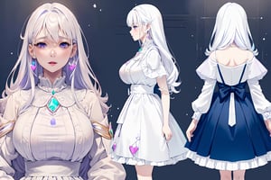 ((magical girl, white hair, purple eyes, doll dress, short dress, long hair, pale skin, soft skin, colorful snow background, rainbow dress, white dress, hearts, snow, snowing, ice, pastel, sun)), (masterpiece, best quality:1.2), fluffy, soft, light, bright, sparkles, twinkle, slightly downcast eyes, cute, pink, purple, (crystals), masterpiece, best quality, extremely detailed, Female profile, High resolution. ((((mature face , D cup breast, mature)))),mature female,EdobBunnyMommy,milf,motherly,((((chara-sheet))))