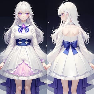 ((magical girl, white hair, purple eyes, doll dress, short dress, long hair, pale skin, soft skin, colorful snow background, rainbow dress, white dress, hearts, snow, snowing, ice, pastel, sun)), (masterpiece, best quality:1.2), fluffy, soft, light, bright, sparkles, twinkle, slightly downcast eyes, cute, pink, purple, (crystals), masterpiece, best quality, extremely detailed, Female profile, Delicate features, High resolution,((((chara-sheet)))