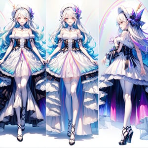 (((((white theme))))), unique and beautiful, attractive, dress, clothes, ((((chara-sheet)))), (((1 girl with white hair sparkle white (((rainbow))) throughout randomly, white rainbow eyes, long hair, wavy hair, small breasts), smiling, happy, long dress, white, cute, cute fluffy hat, doll dress, hands in chest, winter, snowing, fullbody))), (((chibi, small, cute , short, petit))), , (full body, ((((Character design, concept art, ((front view)), side view)))), crisp, quality, hdr, ((1girl, lol)), cute, lolita, (Masterpiece, Best Quality:1.3), (2d:1.3), top quality, 8k, ultra-detailed full body portrait, 8k