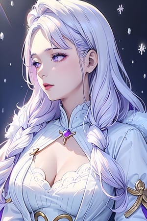 ((magical girl, white hair, purple eyes, doll dress, short dress, long hair, pale skin, soft skin, colorful snow background, rainbow dress, white dress, hearts, snow, snowing, ice, pastel, sun)), (masterpiece, best quality:1.2), fluffy, soft, light, bright, sparkles, twinkle, slightly downcast eyes, cute, pink, purple, (crystals), masterpiece, best quality, extremely detailed, Female profile, High resolution. ((((mature face , D cup breast, mature)))),mature female