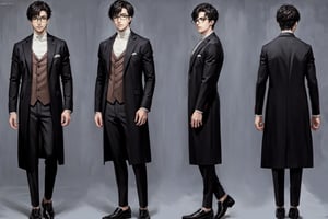 masterpiece, best quality, absurdres, 1boy, solo, ((closed business suits)), great face, (Arab), tall , slim, handsome, plaid pants, turtleneck, corridor, hands straight ,very_high_resolution, (((((chara-sheet))))),chara-sheet,More Detail, ((full_body)), black coat, glasses,Jeremiah_Chugi_Wald,xyzsankurta, (((anime style)))