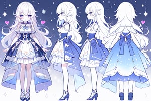 ((magical girl,  white hair,  rainbow eyes,  doll dress,  short dress,  long hair,  small breasts,  pale skin,  soft skin,  colorful snow background,  rainbow,  hearts,  snow,  snowing,  ice,  pastel,  sun)),  (masterpiece,  best quality:1.2),  fluffy,  soft,  light,  bright,  sparkles,  twinkle,  slightly downcast eyes,  cute,  pink,  purple,  crystals,,,,kawaiitech, ((((character sheet)))),loli