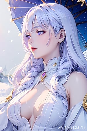 ((magical girl, white hair, purple eyes, doll dress, short dress, long hair, pale skin, soft skin, colorful snow background, rainbow dress, white dress, hearts, snow, snowing, ice, pastel, sun)), (masterpiece, best quality:1.2), fluffy, soft, light, bright, sparkles, twinkle, slightly downcast eyes, cute, pink, purple, (crystals), masterpiece, best quality, extremely detailed, Female profile, High resolution. ((((mature face , D cup breast, mature)))),mature female