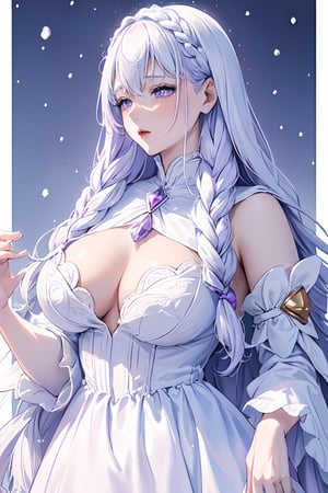 ((magical girl, white hair, purple eyes, doll dress, short dress, long hair, pale skin, soft skin, colorful snow background, rainbow dress, white dress, hearts, snow, snowing, ice, pastel, sun)), (masterpiece, best quality:1.2), fluffy, soft, light, bright, sparkles, twinkle, slightly downcast eyes, cute, pink, purple, (crystals), masterpiece, best quality, extremely detailed, Female profile, High resolution. ((((mature face , D cup breast, mature)))),mature female