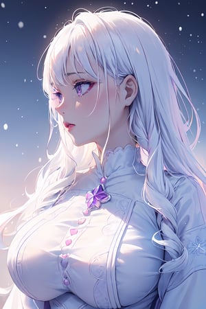 ((magical girl, white hair, purple eyes, doll dress, short dress, long hair, pale skin, soft skin, colorful snow background, rainbow dress, white dress, hearts, snow, snowing, ice, pastel, sun)), (masterpiece, best quality:1.2), fluffy, soft, light, bright, sparkles, twinkle, slightly downcast eyes, cute, pink, purple, (crystals), masterpiece, best quality, extremely detailed, Female profile, High resolution. ((((mature, big breast))))