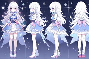 ((magical girl,  white hair,  rainbow eyes,  doll dress,  short dress,  long hair,  small breasts,  pale skin,  soft skin,  colorful snow background,  rainbow,  hearts,  snow,  snowing,  ice,  pastel,  sun)),  (masterpiece,  best quality:1.2),  fluffy,  soft,  light,  bright,  sparkles,  twinkle,  slightly downcast eyes,  cute,  pink,  purple,  crystals,,,,kawaiitech, ((((character sheet)))),loli, (((short legs)))