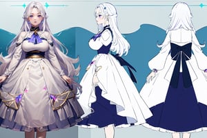 ((magical girl, white hair, purple eyes, doll dress, short dress, long hair, pale skin, soft skin, colorful snow background, rainbow dress, white dress, hearts, snow, snowing, ice, pastel, sun)), (masterpiece, best quality:1.2), fluffy, soft, light, bright, sparkles, twinkle, slightly downcast eyes, cute, pink, purple, (crystals), masterpiece, best quality, extremely detailed, Female profile, High resolution. ((((mature face , D cup breast, mature)))),mature female,EdobBunnyMommy,milf,motherly,((((chara-sheet))))