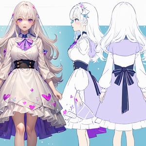 ((magical girl, white hair, purple eyes, doll dress, short dress, long hair, pale skin, soft skin, colorful snow background, rainbow dress, white dress, hearts, snow, snowing, ice, pastel, sun)), (masterpiece, best quality:1.2), fluffy, soft, light, bright, sparkles, twinkle, slightly downcast eyes, cute, pink, purple, (crystals), masterpiece, best quality, extremely detailed, Female profile, Delicate features, High resolution,((((chara-sheet))),chara-sheet