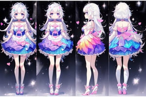 ((magical girl,  white hair,  rainbow eyes,  doll dress,  short dress,  long hair,  small breasts,  pale skin,  soft skin,  colorful snow background,  rainbow,  hearts,  snow,  snowing,  ice,  pastel,  sun)),  (masterpiece,  best quality:1.2),  fluffy,  soft,  light,  bright,  sparkles,  twinkle,  slightly downcast eyes,  cute,  pink,  purple,  crystals,,,,kawaiitech, ((((character sheet)))),(((chibi, loli,lolita))), ((((small legs, chibi legs, short legs)))),,(((Kanna Kamui)))