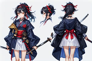 ((1 magical girl, rainbow, an anime character holding a sword up high and wearing a long skirt, 1girl, kawaii,weapon,black hair, solo,deep scarlett eyes, ponytail, long hair,(red ribbon), (katana), ((holding handle of katana)), japanese armor, hakama, holding weapon, leg armor, holding katana, looking at viewer,(hairband with metal-plate),watercolor medium,kawaiitech,girl, (((((chara-sheet))))),chara-sheet,More Detail
