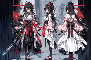 ((1 magical girl, rainbow, an anime character holding a sword up high and wearing a long skirt, 1girl, kawaii,weapon,black hair, solo,deep scarlett eyes, ponytail, long hair,(red ribbon), (katana), ((holding handle of katana)), japanese armor, hakama, holding weapon, leg armor, holding katana, looking at viewer,(hairband with metal-plate),watercolor medium,kawaiitech,girl, (((((chara-sheet))))),chara-sheet