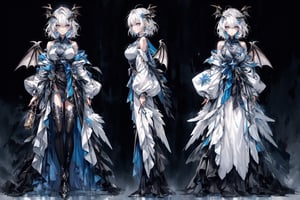 ((best quality)), ((masterpiece)), ((ultra-detailed)), extremely detailed CG, (illustration), ((detailed light)), (an extremely delicate and beautiful), a girl, solo, ((upper body,)), ((cute face)), expressionless, (beautiful detailed eyes), blue dragon eyes, (Vertical pupil:1.2), white hair, shiny hair, colored inner hair, (Dragonwings:1.4), [Armor_dress], blue wings, blue_hair ornament, ice adorns hair, [dragon horn], depth of field, [ice crystal], (snowflake), [loli], [[[[[Jokul]]]]]. girl, (((((chara-sheet))))),chara-sheet,More Detail, ((full_body)) 