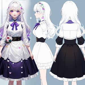 ((magical girl, white hair, purple eyes, doll dress, short dress, long hair, pale skin, soft skin, colorful snow background, rainbow dress, white dress, hearts, snow, snowing, ice, pastel, sun)), (masterpiece, best quality:1.2), fluffy, soft, light, bright, sparkles, twinkle, slightly downcast eyes, cute, pink, purple, (crystals), masterpiece, best quality, extremely detailed, Female profile, Delicate features, High resolution,((((chara-sheet)))