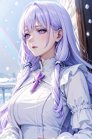 ((magical girl, white hair, purple eyes, doll dress, short dress, long hair, pale skin, soft skin, colorful snow background, rainbow dress, white dress, hearts, snow, snowing, ice, pastel, sun)), (masterpiece, best quality:1.2), fluffy, soft, light, bright, sparkles, twinkle, slightly downcast eyes, cute, pink, purple, (crystals), masterpiece, best quality, extremely detailed, Female profile, High resolution. ((((mature face , D cup breast, mature)))),mature female