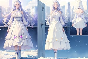 ((magical girl, white hair, purple eyes, doll dress, short dress, long hair, pale skin, soft skin, colorful snow background, rainbow dress, white dress, hearts, snow, snowing, ice, pastel, sun)), (masterpiece, best quality:1.2), fluffy, soft, light, bright, sparkles, twinkle, slightly downcast eyes, cute, pink, purple, (crystals), masterpiece, best quality, extremely detailed, Female profile, High resolution. ((((mature face , D cup breast, mature)))),mature female,EdobBunnyMommy,milf,motherly,((((chara-sheet))))