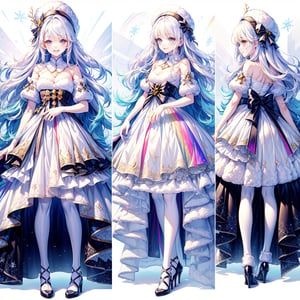 (((((white theme))))), unique and beautiful, attractive, dress, clothes, ((((chara-sheet)))), (((1 girl with white hair sparkle white (((rainbow))) throughout randomly, white rainbow eyes, long hair, wavy hair, small breasts), smiling, happy, long dress, white, cute, cute fluffy hat, doll dress, hands in chest, winter, snowing, fullbody))), (((chibi, small, cute , short, petit))), , (full body, ((((Character design, concept art, ((front view)), side view)))), crisp, quality, hdr, ((1girl, lolita)), cute, lolita, (Masterpiece, Best Quality:1.3), (2d:1.3), top quality, 8k, ultra-detailed full body portrait, 8k, (1 girl with white hair sparkle light rainbow throughout randomly, rainbow eyes, long hair, wavy hair, small breasts), smiling, happy, long dress, light, white, cute, cute fluffy hat, doll dress, hands in chest, winter, snowing, fullbody, chibi, ((((crhistmas theme))))