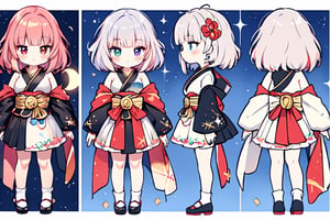 (((((magical girl, crimson hair, medium hair, soft skin, colorful sky background, black kimono with gold trim, moon, fire, swirling fire, stars, shooting stars, holding flute))))), (((((left eye red))))), (((((right eye sky blue))))), ((((heterochromia)))), (masterpiece, best quality:1.2), fluffy, soft, light, bright, sparkles, twinkle, slightly downcast eyes, cute, (crystals), masterpiece, best quality, extremely detailed, Female profile, Delicate features, High resolution, cleavage cutout, large_boobs, ((full_body)),(masterpiece,  best quality:1.2),  fluffy,  soft,  light,  bright,  sparkles,  twinkle,  slightly downcast eyes,  cute,  pink,  purple,  crystals,,,,kawaiitech, ((((character sheet)))),(((((chibi, loli,lolita))))), ((((small legs, chibi legs, short legs)))),,(((Kanna Kamui))),loli
