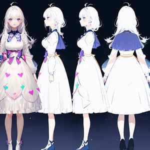 ((magical girl, white hair, purple eyes, doll dress, short dress, long hair, pale skin, soft skin, colorful snow background, rainbow dress, white dress, hearts, snow, snowing, ice, pastel, sun)), (masterpiece, best quality:1.2), fluffy, soft, light, bright, sparkles, twinkle, slightly downcast eyes, cute, pink, purple, (crystals), masterpiece, best quality, extremely detailed, Female profile, Delicate features, High resolution,((((chara-sheet)))