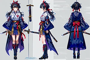 ((1 magical girl, rainbow, an anime character holding a sword up high and wearing a long skirt, 1girl, kawaii,weapon,black hair, solo,deep scarlett eyes, ponytail, long hair,(red ribbon), (katana), ((holding handle of katana)), japanese armor, hakama, holding weapon, leg armor, holding katana, looking at viewer,(hairband with metal-plate),watercolor medium,kawaiitech,girl, (((((chara-sheet))))),chara-sheet,More Detail
