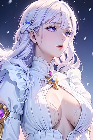 ((magical girl, white hair, purple eyes, doll dress, short dress, long hair, pale skin, soft skin, colorful snow background, rainbow dress, white dress, hearts, snow, snowing, ice, pastel, sun)), (masterpiece, best quality:1.2), fluffy, soft, light, bright, sparkles, twinkle, slightly downcast eyes, cute, pink, purple, (crystals), masterpiece, best quality, extremely detailed, Female profile, High resolution. ((((mature face , D cup breast, mature)))),mature female